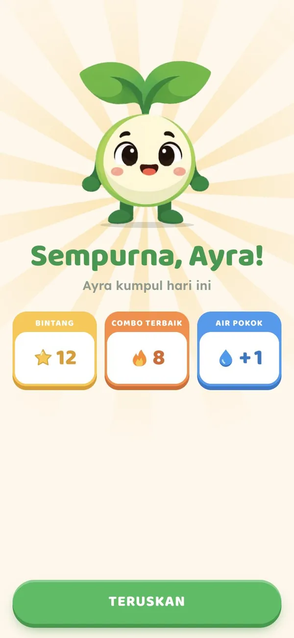 Skrin Misi selesai dengan bintang, combo dan air pokok
