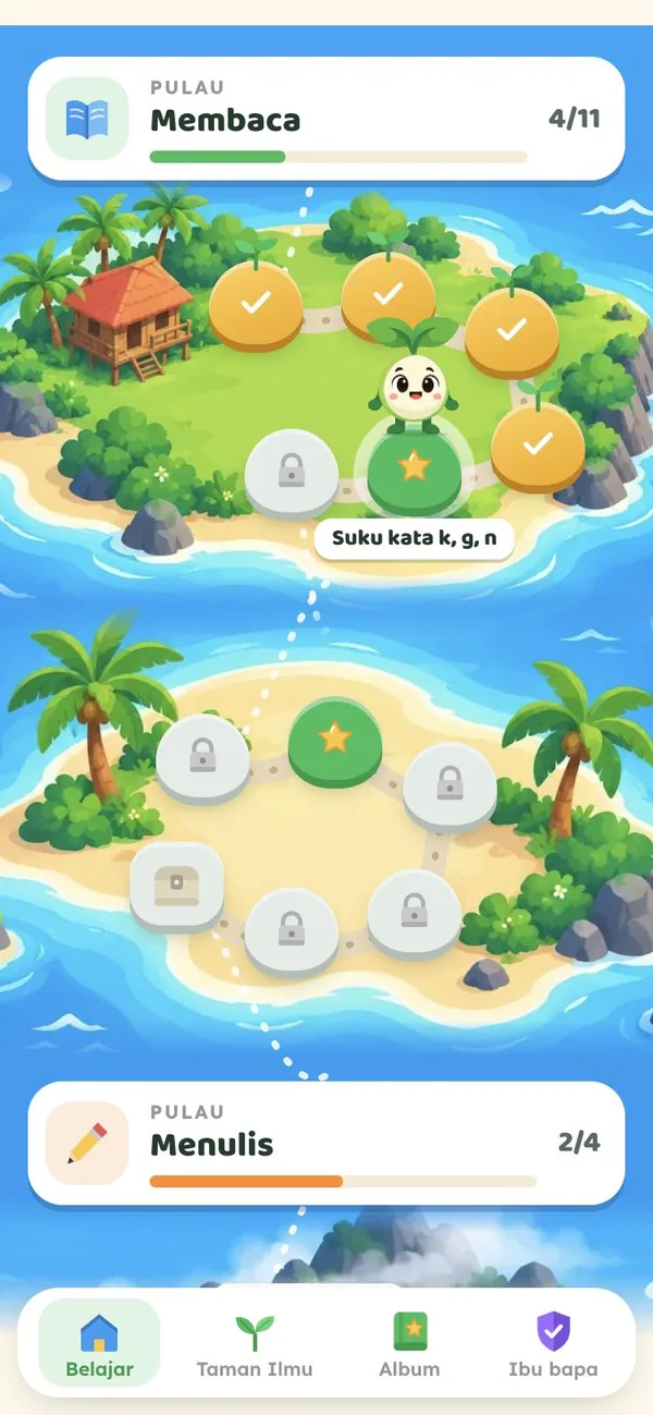 Peta pulau dengan Si Tunas di atas biji tahap